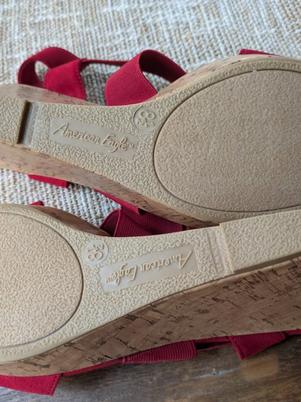 american eagle red elastic strap suede cross front cork wedges #544